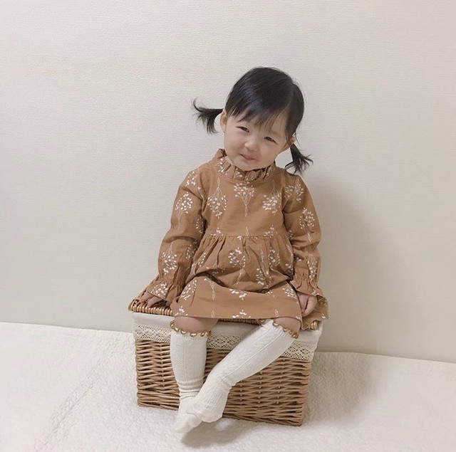 即納 送料無料 韓国子供服 花柄ワンピース マスタード グレー Bloominess
