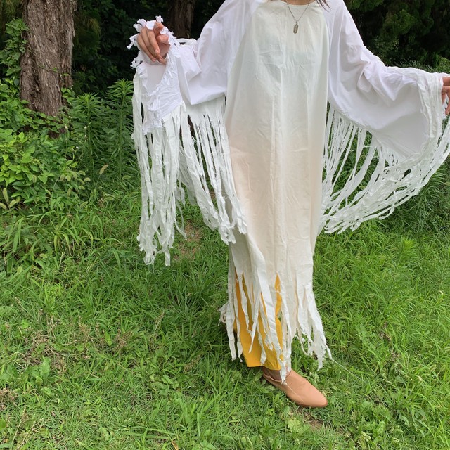 Cotton Fringe Long Dress Hand Made White ロングドレス ドレス ワンピース 白 ホワイト ハンドメイド ヴィンテージ フリンジ コットン ロングワンピース 古着 No Sign Clothing