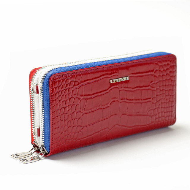 エルピエール トリコロール 長財布 ダブルファスナー ラウンドファスナー 財布 本革 エナメルクロコレッド L Pierre エルピエール