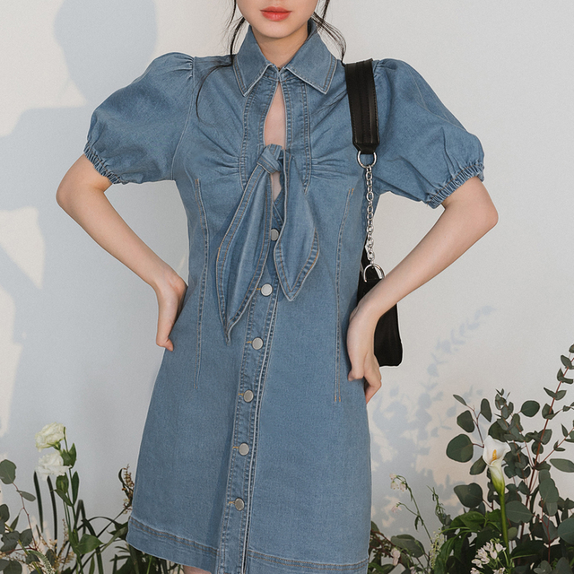 デニム ワンピース 半袖 パフスリーブ フロントボタン スリム Aライン カットアウト リボン ミニ丈 ミモレ丈 2レングス カジュアル セクシー オシャレ お出かけ デート 夏 Uki Uki