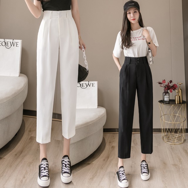 ハイウエストクロップドパンツ パンツ ハイウエスト クロップド カジュアル ホワイト ブラック デート 女子会 韓国 オルチャン 韓国レディースファッション通販 ポワン