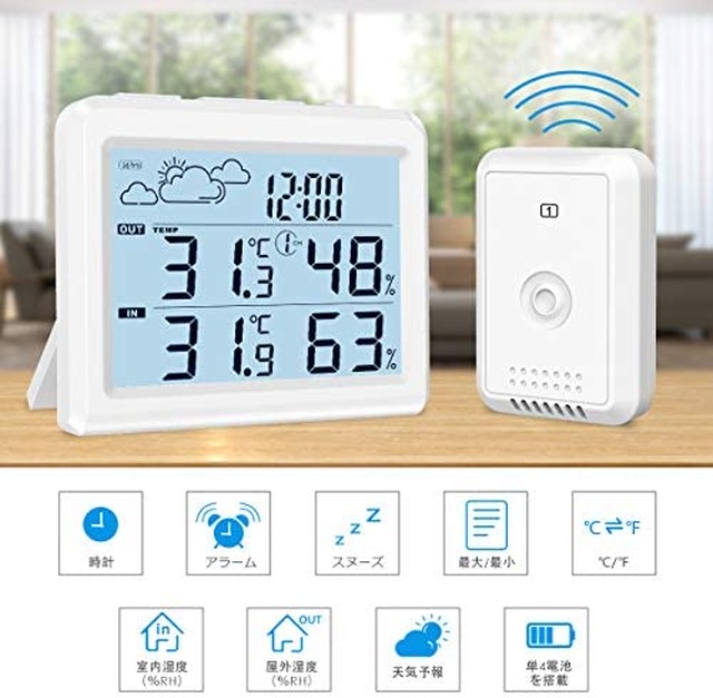 Jpcs 最新版 Amir デジタル温度計湿度計 外気温度計 ワイヤレス 温度湿度計 室内室外 高精度 Lcd大画面 外部 センサー付き 気象ステーション付き バックライト付き 最高最低温湿度 快適レベル 温度と湿度傾向図表示 置き掛け両用 天気予報 時刻表示 温室 ペット 華氏
