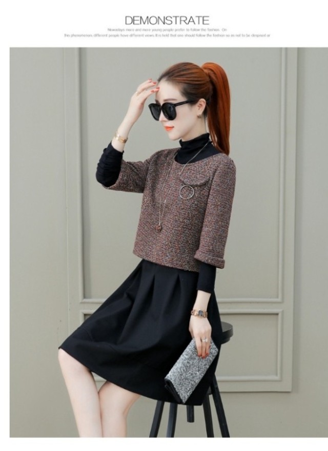 冬服 韓国 レディース セットアップ ツイードプルオーバートップス ハイネックワンピース 重ね着 2点セット 通勤 フェミニン 春服 秋服 Basecamp49