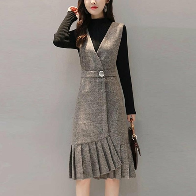 セットアップ 長袖 パンツドレス チェック柄 体型カバー出来るセットアップ ベストワンピース ワンピース 通勤 チェック柄 Azumilwear