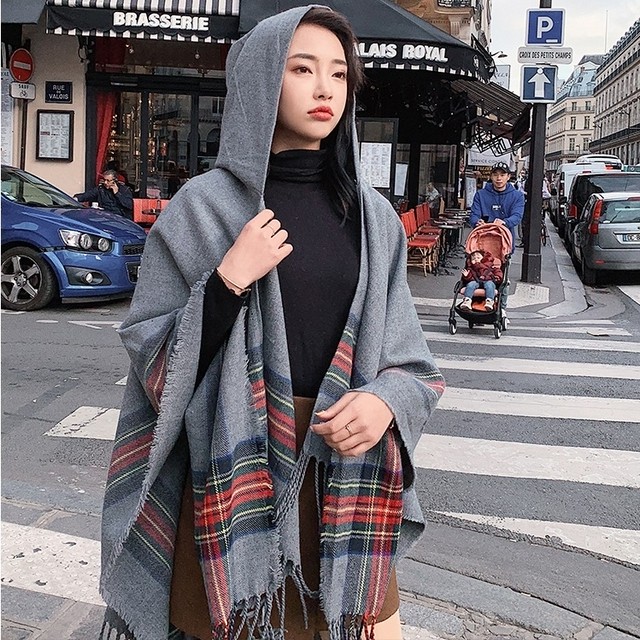 フード付き マント コート ショール カーディガン レディース チェック柄 スカーフ 暖かい 秋冬 ストライプ ゆったり 羽織り ケープ トップス 長方形 大人 きれいめ デイリー チェックグレー Sea Sign Post