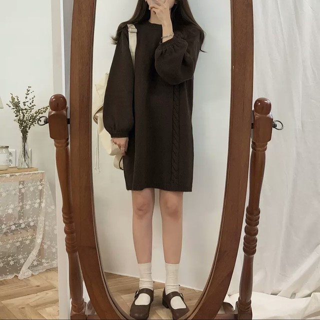 全2色 バブルスリーブ ニット ワンピース ドレス ショート丈 大人 可愛い キレイめ カジュアル お出かけ お買い物 デート 女子会 秋冬 春 通学 学生 通勤 韓国ファッション Like Fashion