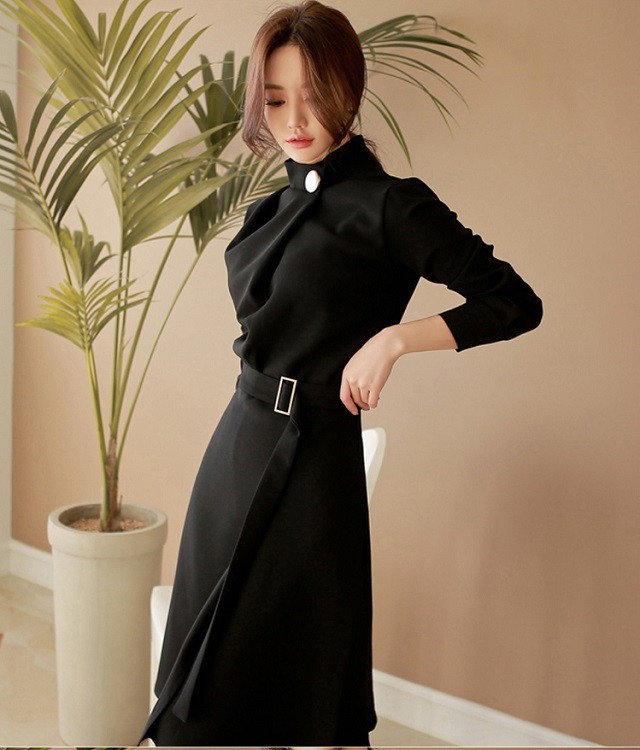 ワンピース 春 冬 秋 大人 上品 ハイネック ドレス ワンピース 黒 結婚式 お呼ばれ フォーマル 送料無料 長袖 ミディアム丈 無地 ベルド スリット パーティー Ys0798 Fashion Mille