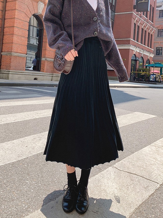 ５カラー プリーツ フレア ニット ミモレ丈スカート ボトム ガーリー レトロ 大人可愛い フェミニン トレンド 秋冬 韓国ファッション Thicc