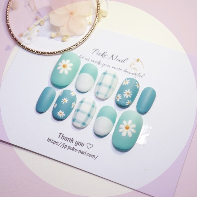 Pukeネイル No 284 マット Daisy柄 チェックブルー 出かけー春 夏ネイル ジェイルネイルチップ ネイルチップ つけ爪 購入ならpuke Nail