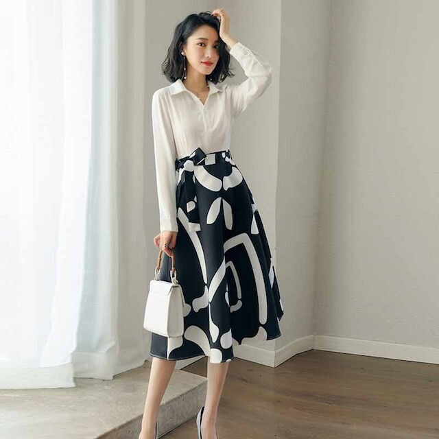 ワンピース ドッキングワンピース フレアスカート 長袖 ひざ丈 Aライン モダン フォーマル イベント 婚活 パーティー 通勤 オフィス D612 Kireina Dress キレイナ ドレス