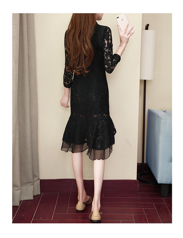 総レースワンピース スリムワンピース 不規則 前が短い後ろが長い フリル Lavy 秋 冬 レディースアパレル Kosy