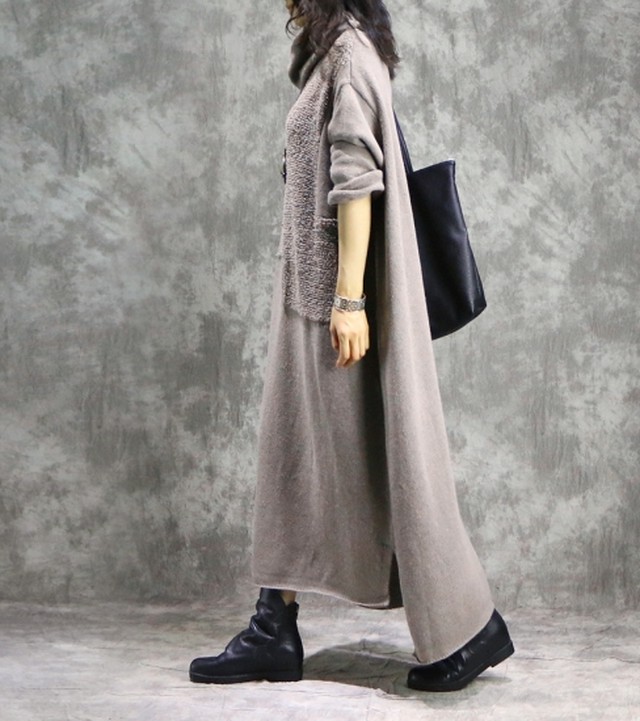 ミセス ワンピース タートルワンピ ゆったりサイズ ロングワンピ 秋冬 体型カバー 40代 50代 60代 ロング丈 ワンピ 長袖 グレー K0609 Shopmall To You