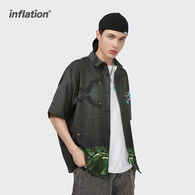 Inflationおかしいグラフィックシャツメンズストリート特大シャツメンズストリートウェア21夏半袖シャツ2290ts21 ショート ハーフスリーブ サマー 夏物 インフレ公式ストア Efect