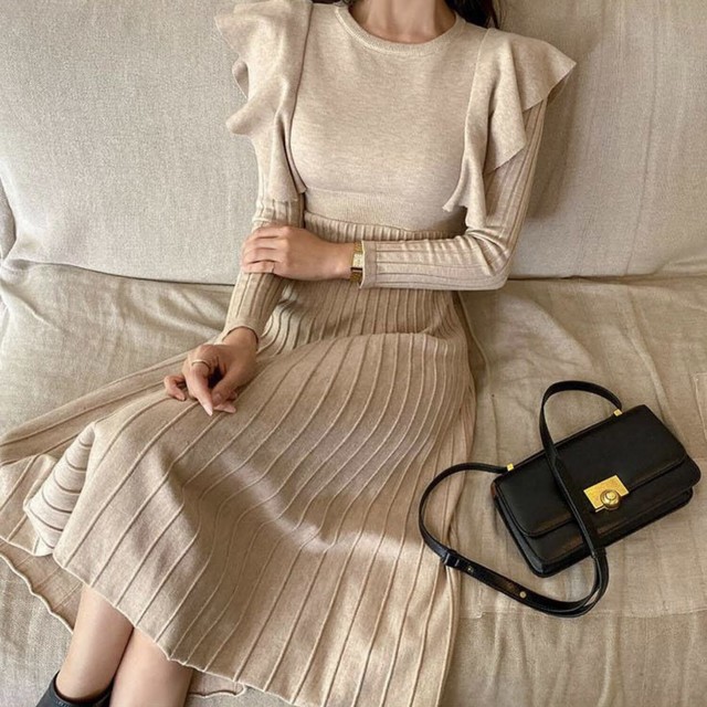 フリルショルダー リブニットワンピース 背中リボン 全2色 Liliana