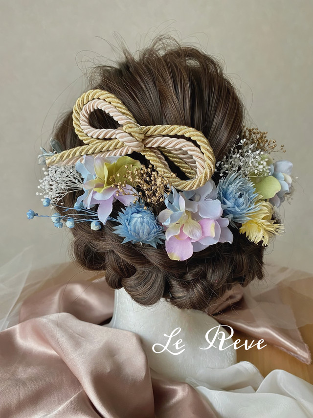 ゴールド ピンクベージュ組紐 Mixリボンとパステルカラーの髪飾り髪飾り ヘッドドレス Atelier Le Reve