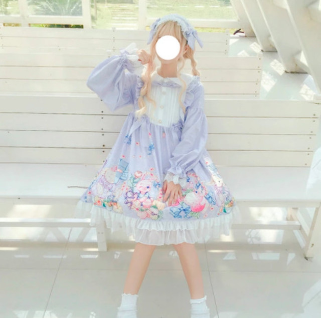 Top Mode ワンピース 春ワンピ ラビット フルーツ ワンピース うさぎ柄 フルーツ柄 リボン 長袖 膝丈 パステルカラー 甘ロリ メルヘン 大人可愛い ゆめかわ ガーリー ロリータ レトロ ラフ ゆったり お呼ばれ ピンク パープル 紫 ブルー 青 グリーン 緑 ニッチ Bitter