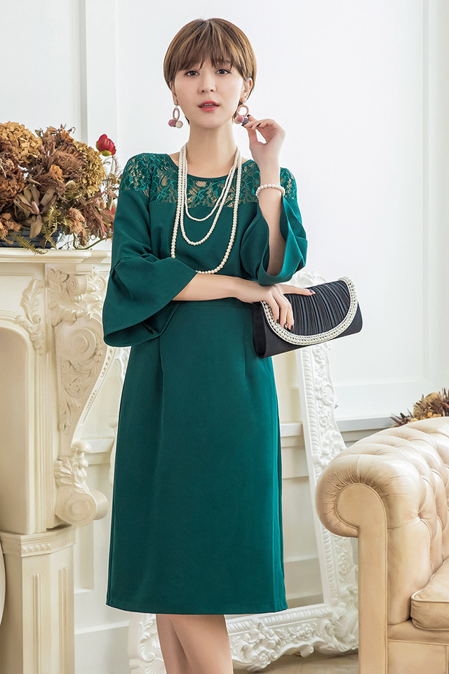 パーティードレス ベルスリーブ ワンピース 五部丈 レース フリル 体型カバー ゆったり 結婚式 二次会 お呼ばれ 代 30代 秋冬 新作 2121 ｂ Bloom ビーブルームトゥー ドレス ワンピース専門店