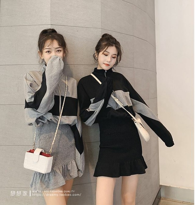 2color スウェット ミニ丈 ワンピース 裾フリル ライン 双子コーデ レディース ファッション 韓国 オルチャン Cocotown
