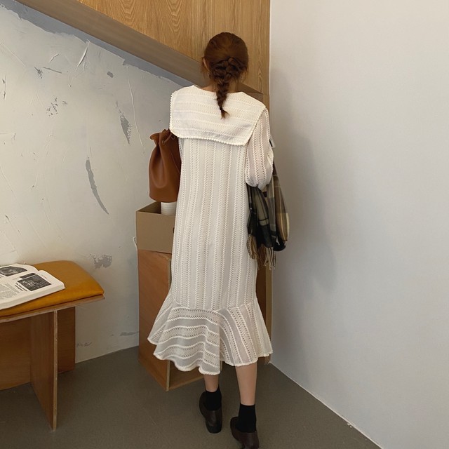 裾切替 ロングワンピース Rs 2473 ワンピース 長袖 襟付き セーラー襟 Vネック レース ロング丈 ミドル丈 ミモレ丈 ゆったり 体型カバー 着痩せ フェミニン ガーリー レトロ クラシカル 大人可愛い 大人カジュアル 韓国ファッション 韓国服 お出かけ デート お呼ばれ お