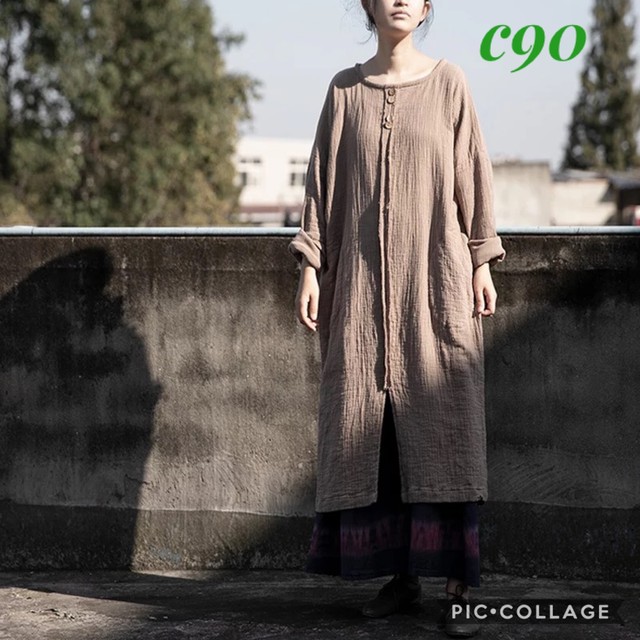 C90 新品 送料無料 レディース 春夏 綿麻 リネン ガーゼ ロングワンピース ベージュ リネンワンピース ナチュラル ゆったり 長袖 大きめ Hihaho Company リネン コットン素材のゆったりとしたレディースウェアのお店