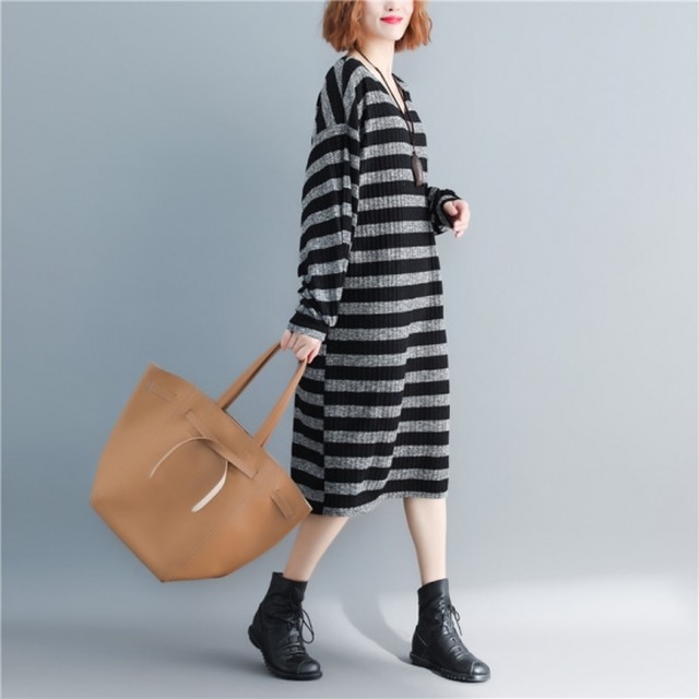 ニットワンピース ボリューム袖 ゆったり 長袖 バルーン袖 リブニット 膝下丈 Vネック ロングワンピース ニット カジュアル ワンピース 秋冬 オールシーズン レディース Af3455 Raxia