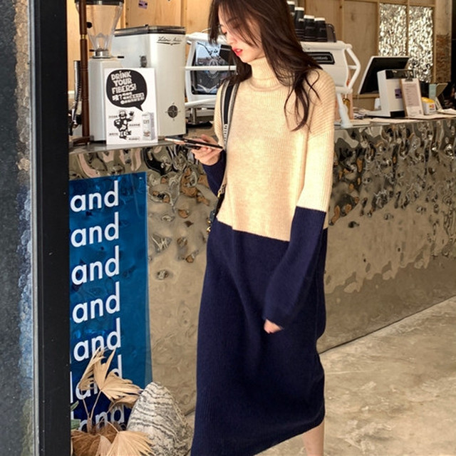 681 バイカラーざっくりニットロングワンピース カーキ 海外のプチプラきれいめカジュアルレディースファッション Pakaian Lucu 海外のプチプラきれいめカジュアルレディースファッション Pakaian Lucu