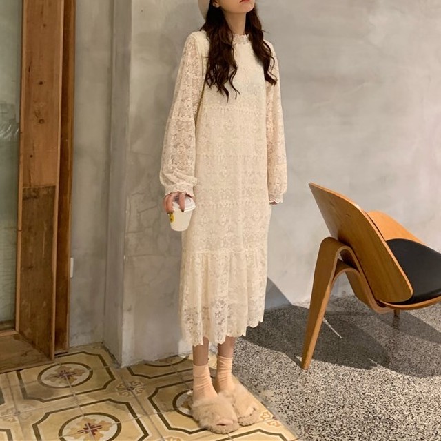 総レースワンピース ロング丈 Iライン ボトルネック レース ワンピース ティアード 春コーデ 春 秋 大人 デート 旅行 女子会 韓国 韓国ファッション オルチャン 可愛い おしゃれ レディース Fa876 Musubi Me 韓国 オルチャン レディースファッションのお店