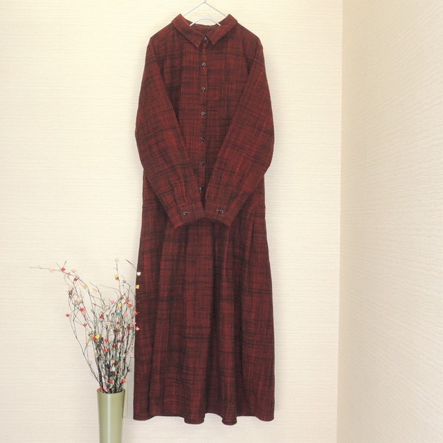 ぷちままん 遠州織物 ローウエストロングワンピース 赤 絣 長袖 オーガニックコットン 綿 フリーサイズ 40代 50代 60代 70代 和テイスト 純 日本製 ぷちままん Petitemaman