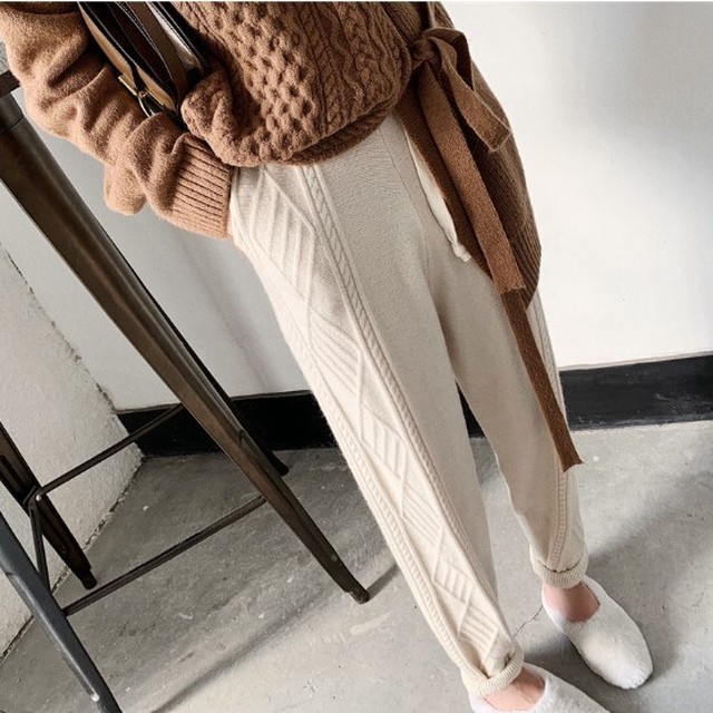ニット ワイドパンツ ストレート ウエストゴム ケーブル編み 秋冬 冬服 コットン シンプル きれいめ ロング スリムパンツ 韓国系 ファッション ボトムス トレンド Idear