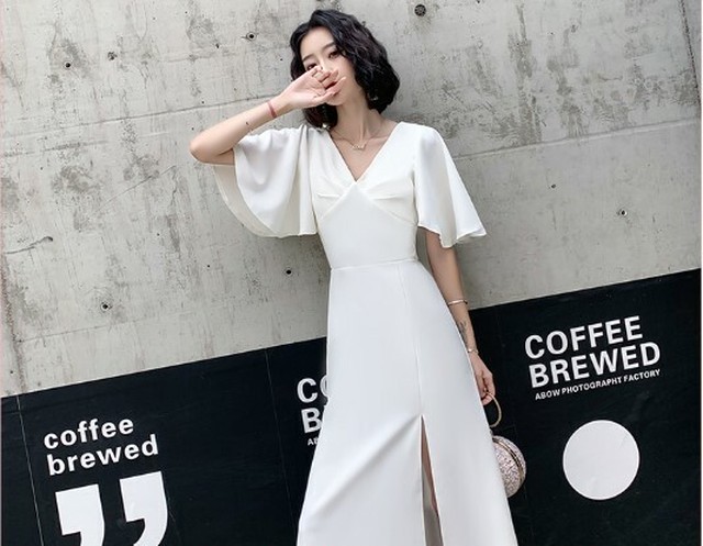 高品質 イブニングドレス ホワイト スリット エレガント 優雅なシルエット Vネックドレス 細見えシルエット Cinderelladress