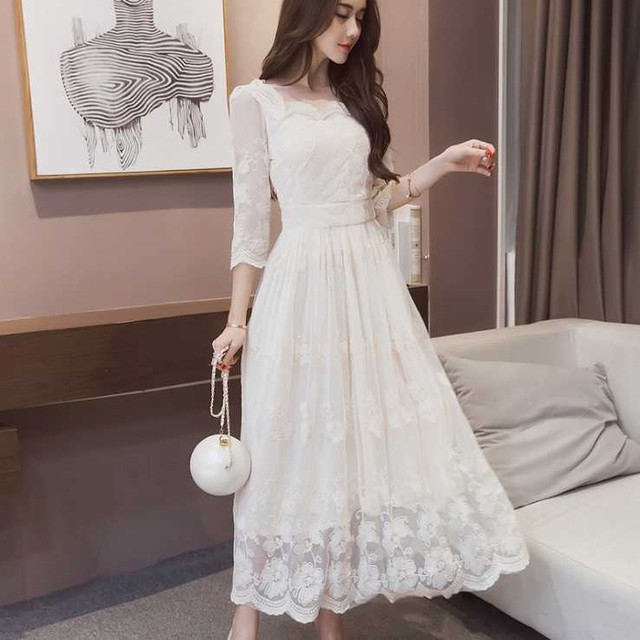 レース シースルー ロングドレス 袖あり ウェディング マキシ丈 ワンピース レディース パーティー 二次会 お呼ばれ Fashionlover