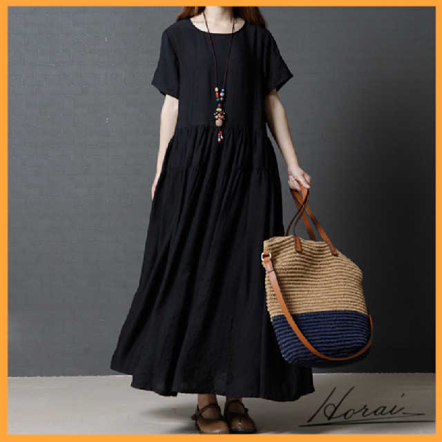 半袖 ワンピース ロング丈 Aライン クルーネック ゆる感 春夏 リゾート お祭り 麻風 リネン風 清涼感 夏素材 楽ちん お取り寄せ Horai