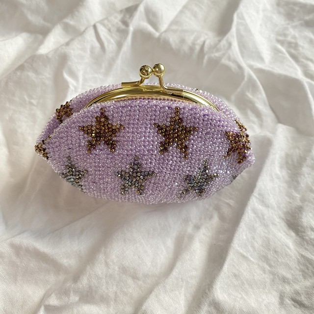 リップケース 小 ながれぼし ラベンダー ゴールドmix シルバーmix ビーズ編み がま口