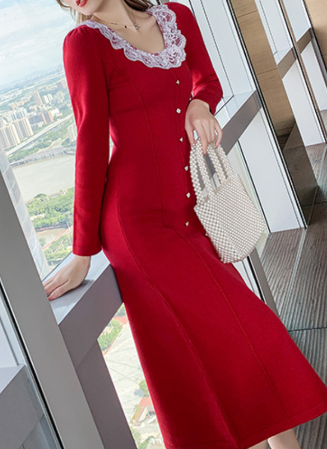 セレブ風ニットワンピ 膝下丈 長袖 レース丸首 無地 レッド ゆりえぴんく