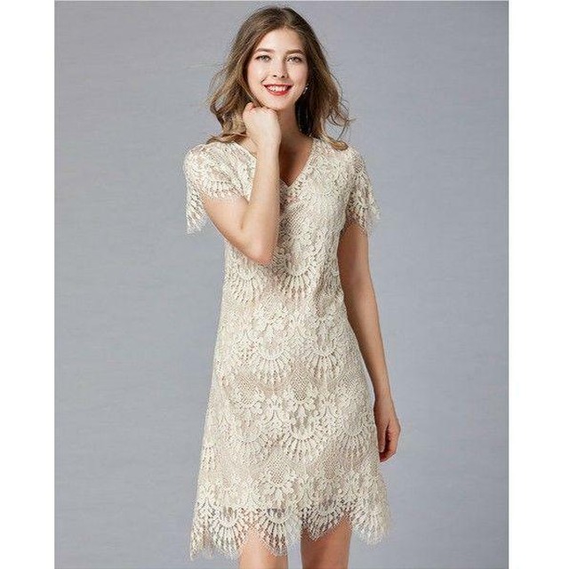 ワンピース パーティードレス レース Aライン エレガント 結婚式 お呼ばれ 二次会 デート 半袖 ベージュ 韓国アパレル 通販サイト ネットショップ Amour