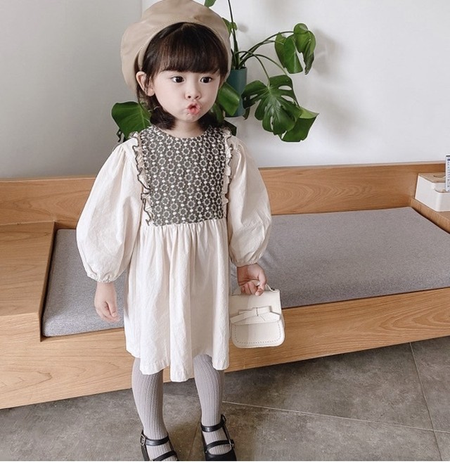 即納 パフスリーブコットンワンピース 輸入子供服 Tmww ティムー