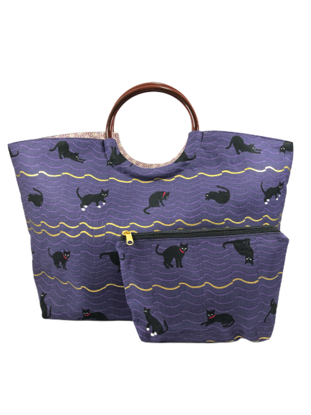黒猫浴衣バッグ 濃いめの紫 黒猫と金色の波模様 お揃いポーチ付 黒猫屋ニコル