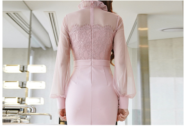 タイトドレス ハイネック シースルー レディース 長袖 タイトワンピース ハイネック ピンク ミモレ丈 パーティー 結婚式 二次会 お呼ばれ 女子会 食事会 Rcsb Dress Suba