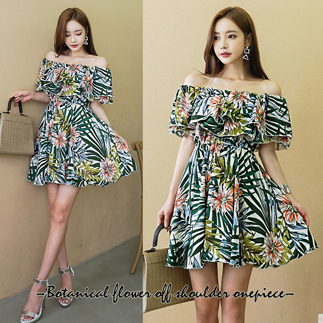 6980 今だけ4980 大きいサイズ ボタニカルフラワーオフショルダーワンピース 2l3l4l5l C509 女装通販lll エルエルエル