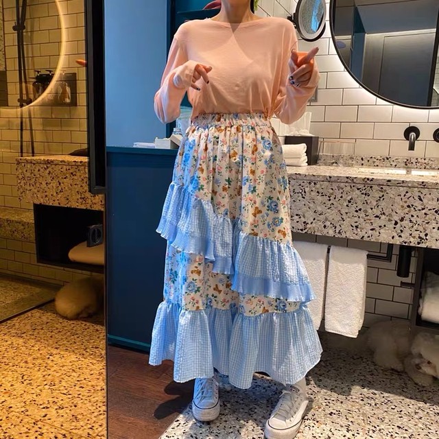 2カラー 花柄 スカート ギンガムチェック 水色 黒 フラワー Loveysmileshop