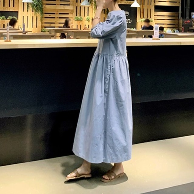 ワンピース 水色 レトロ可愛い パフスリーブ ラウンドネック ギャザーワンピース バックボタン ガーリー 大人可愛い 春夏 Choco Chaco