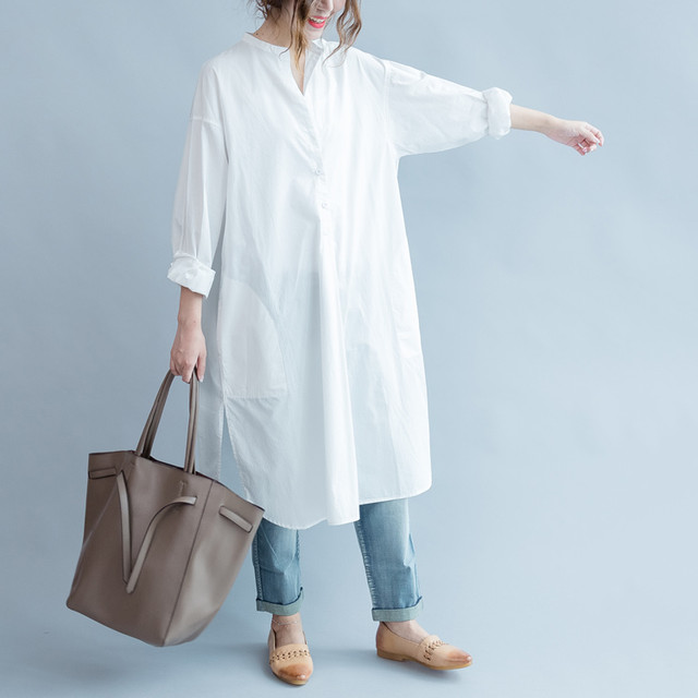 シャツワンピース キーネック スキッパー バンドカラー ロングシャツ マオカラー スタンドカラー 長袖 シンプル ゆったり リラックス 大きめサイズ おでかけ おうちコーデ 体型カバー Crystalhk