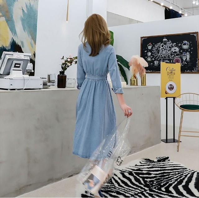 レディース ワンピース デニム ひざ下丈 襟付き 袖あり Aライン 前あき カジュアル 春夏 お出かけ 女子会 ハイウエスト ウエストマーク ブルー Rightsight