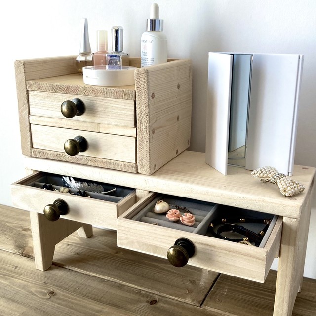 スッキリ収納 アクセサリー収納としても使える木製2段小引き出し アンティークジュエリーボックス ナチュラル ウォルナット Achio