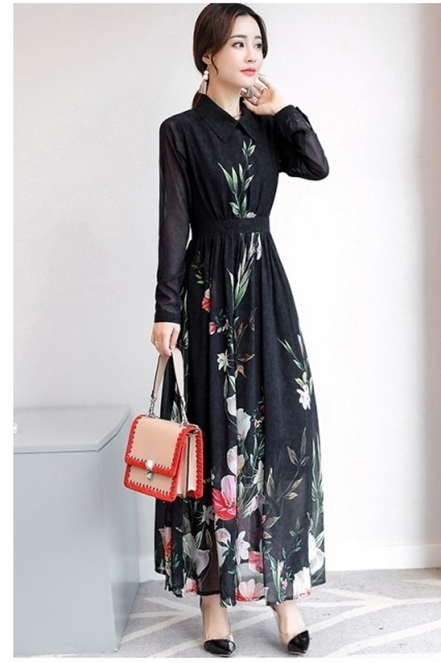 レディース ワンピース 春夏 ロングドレス 黒 ワンピースドレス 春夏 デート 大きいサイズ 30代 ロング丈 長袖 袖あり 花柄 Aライン 個性 Basecamp49