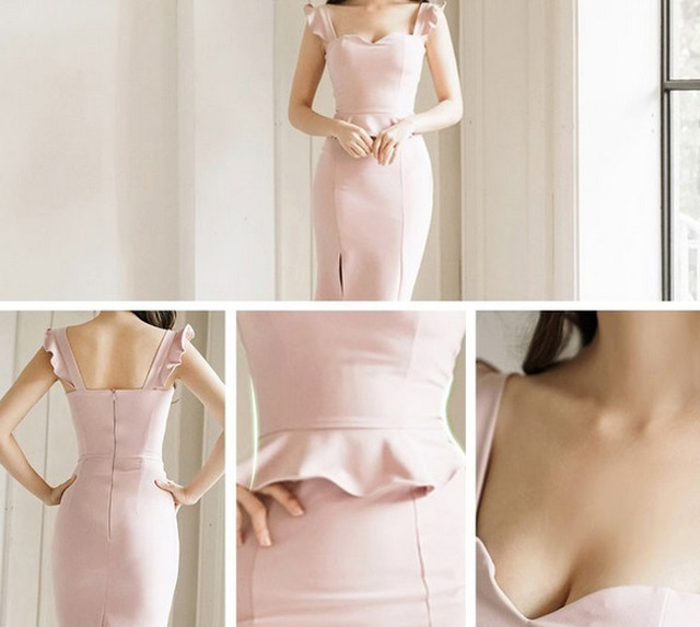 送料無料 タイトワンピース ひざ丈 キャミワンピ フリル スリット トレンド 流行 二次会 ピンク ａ619 La Vie En Rose