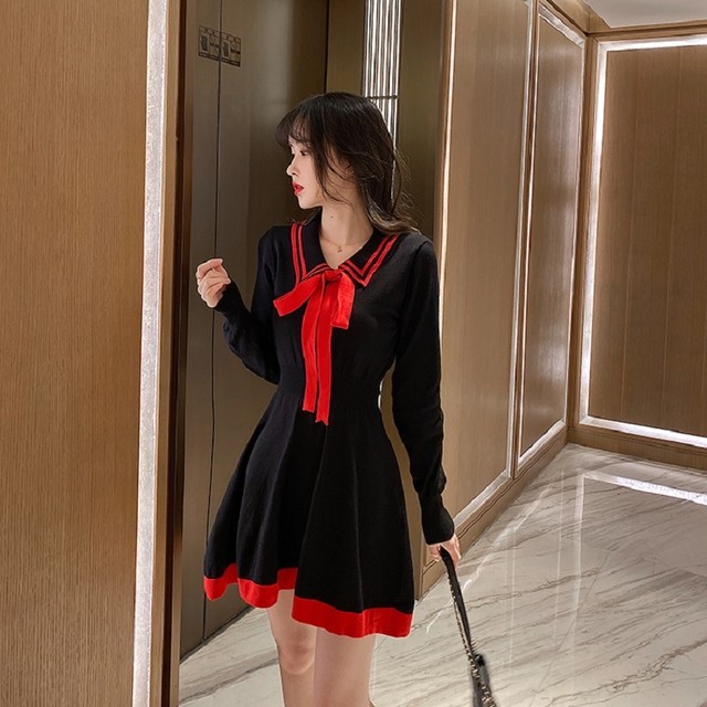 ワンピース ポリエステル ミニ丈 ｖネック 長袖 ビショップスリーブ ボーダー 体型カバー フィッシュテール カレッジ 秋冬 レトロ 大きいサイズ Lop 0035 大きいサイズ専門店キャンディポップ