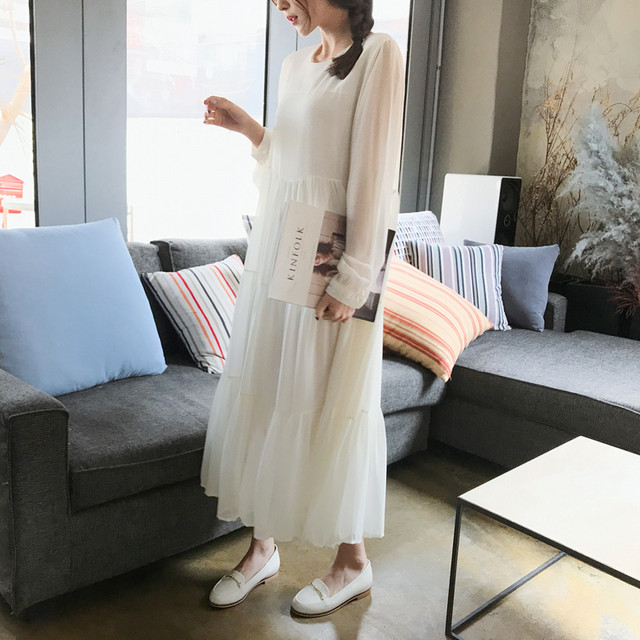 マキシ丈ワンピース 清楚系 マキシ丈 シフォン フレアワンピース レディース 冬 春 ロング 可愛い 大人 フェミニン 上品 シャツワンピ ノーカラー 長袖 体型カバー Officewalaa オフィスワラア レディースファッション スタイル