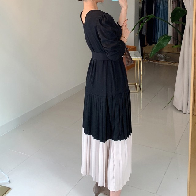 シャツワンピース ロング 黒 マキシ バイカラー ウエストリボン ロングワンピース プリーツスカート 長袖 パワーショルダー 同窓会 フォーマル 上品 お呼ばれ 春 ピンク 黒 Rx1095 Raxia ラクシア