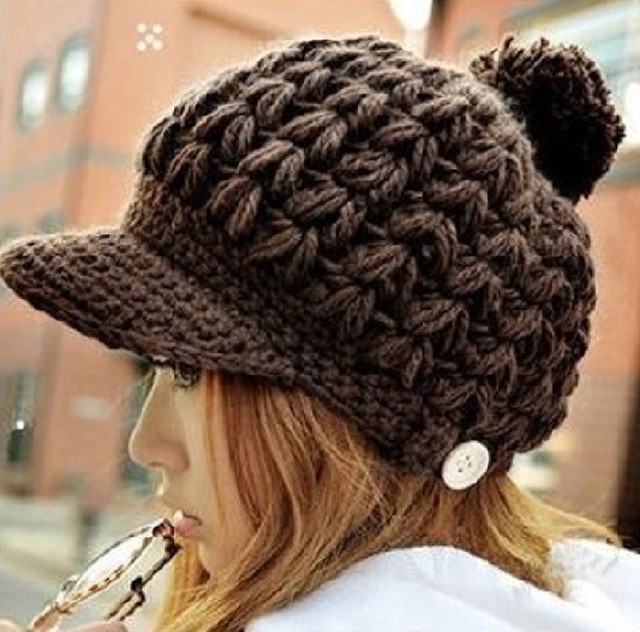 レディース ざっくり編みニットキャスケット ポンポン付き ブラウン えむえむトレードfashion